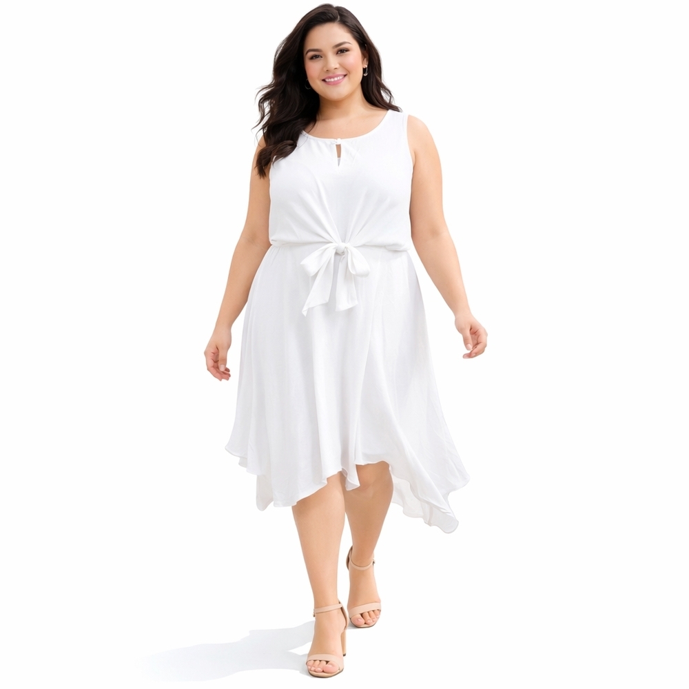 LUXOLOGY Size 22 White Rayon Blend Sleeveless Tie Front Asymmetrical Hem Dress
